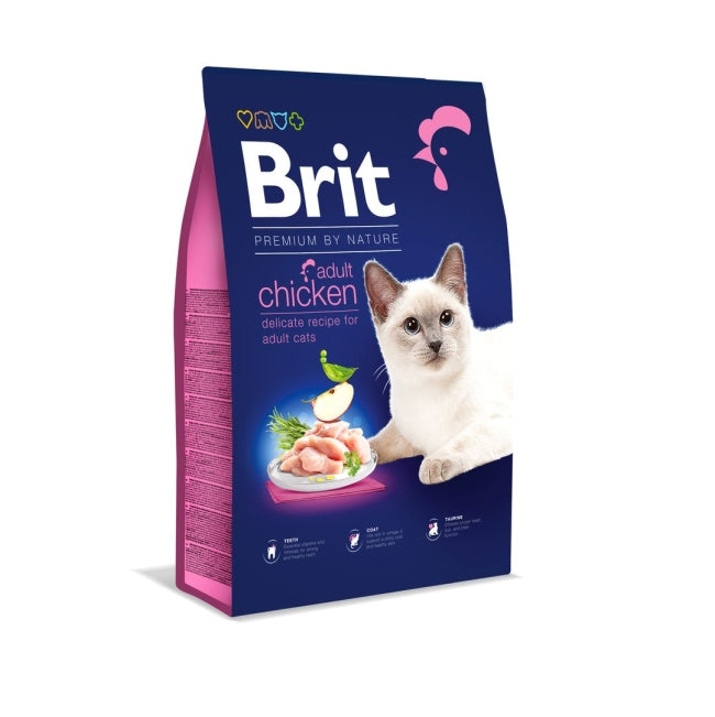 Bag of Brit cat food with a cat on the label on a white background