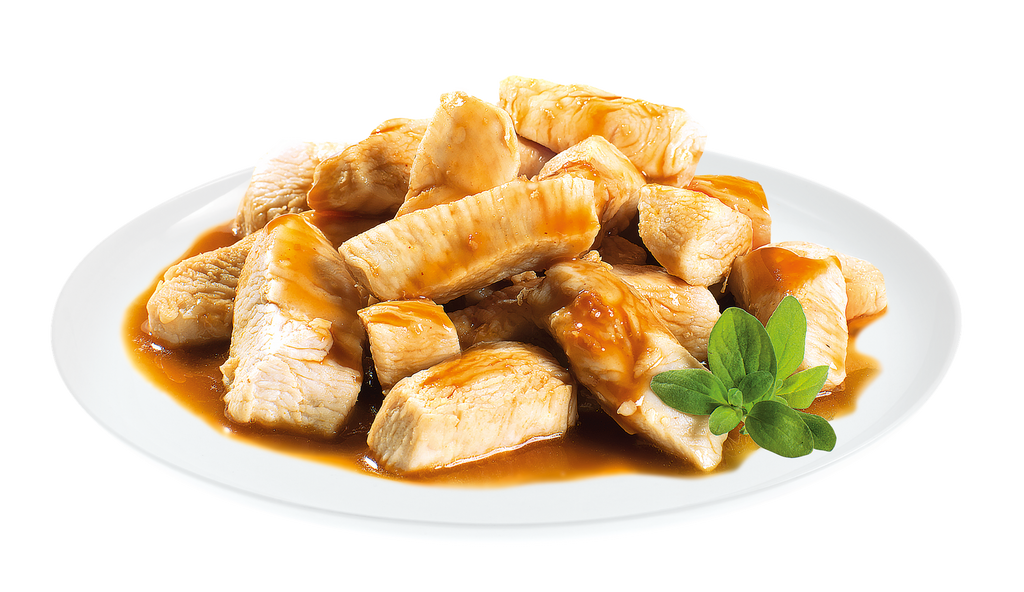 Brit Premium Adult Chicken Fillets in Gravy Wet Cat Food on plate with a sprig of mint on a white background