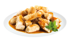 Brit Premium Adult Chicken Fillets in Gravy Wet Cat Food on plate with a sprig of mint on a white background