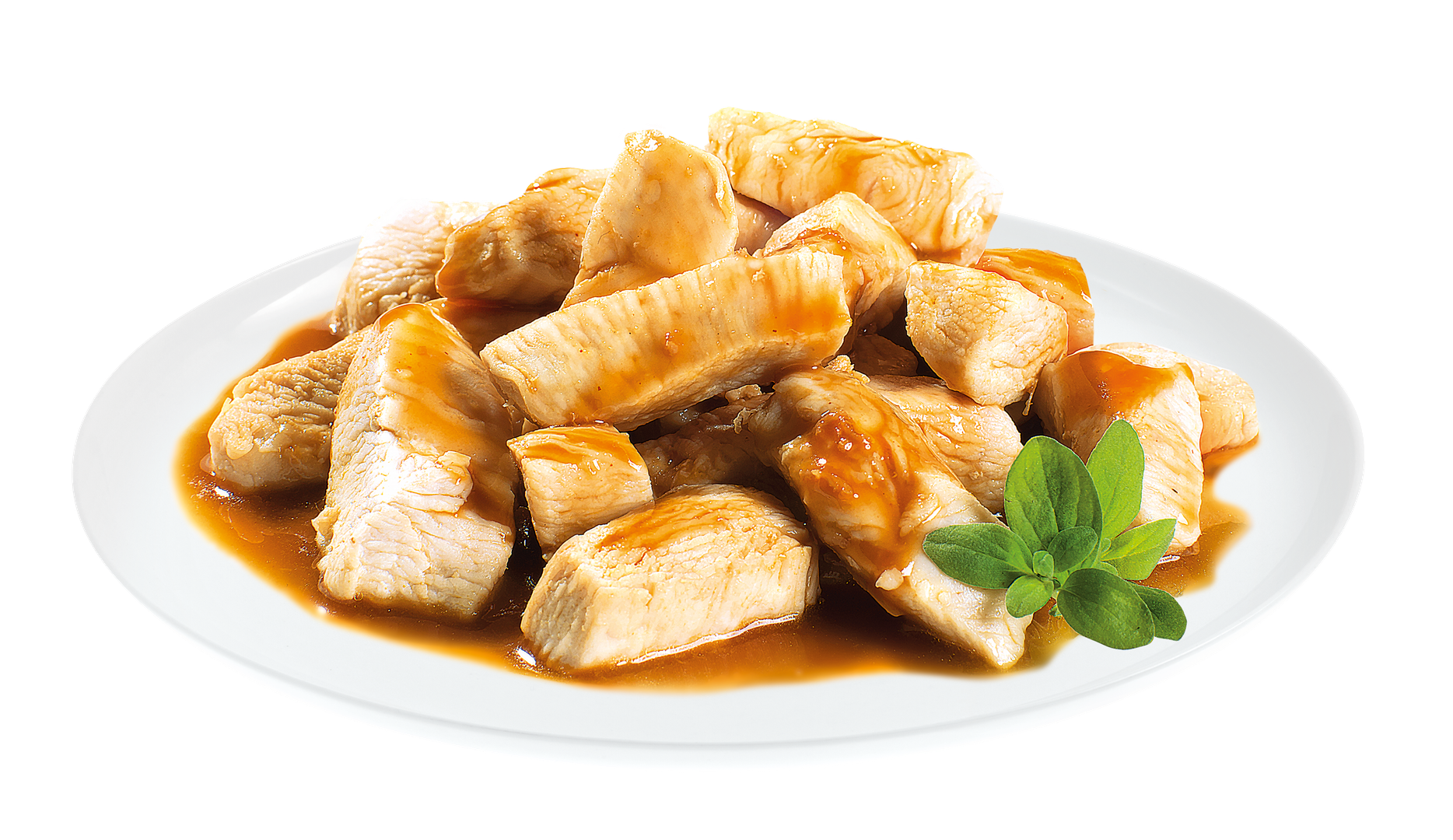 Brit Premium Adult Chicken Fillets in Gravy Wet Cat Food on plate with a sprig of mint on a white background