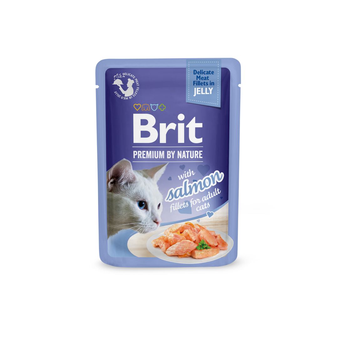 Brit Premium Adult Salmon Fillets in Jelly Wet Cat Food on a white background