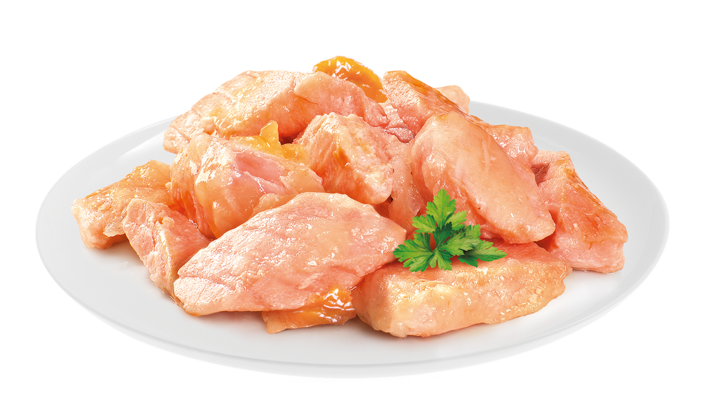Brit Premium Adult Salmon Fillets in Jelly Wet Cat Food  on a white plate with a sprig of parsley.