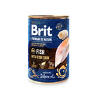 Can of Brit Premium by Nature dog food with fish and salmon oil on a white background