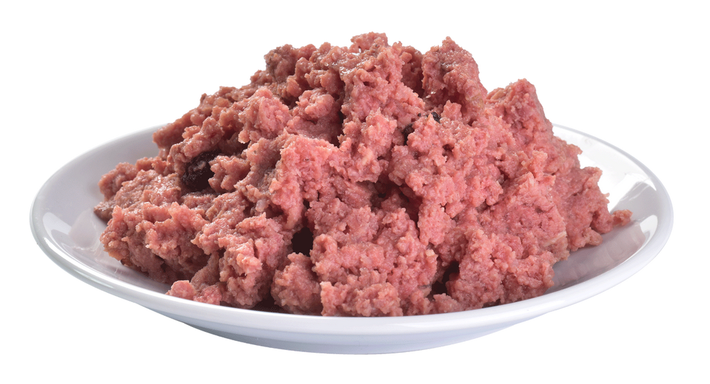 Brit_Premium_Adult_Wet_Dog_Food_with_Turkey-and liver ground up on a white plate with a white background