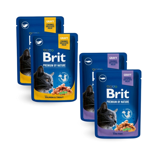 Brit Premium Cat Pouch Fish Plate packets on a white background