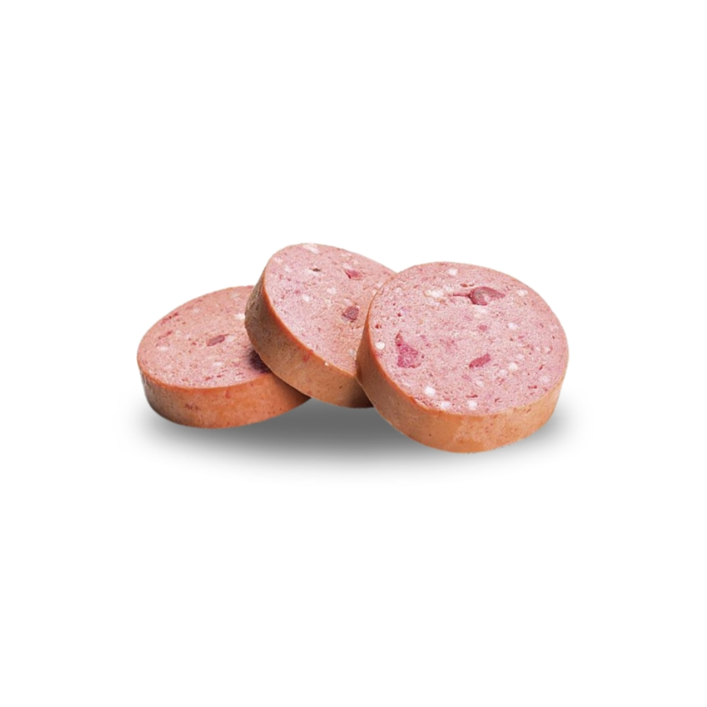 Three slices of Brit Premium Chicken sausage on a white background