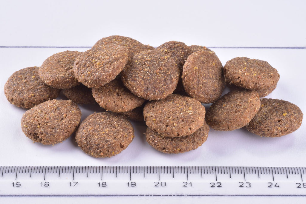 Brit Premium Dog Dry Food Adult Large Kibble on a white surface with a ruler for scale
