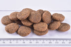 Brit Premium Dog Dry Food Adult Large Kibble on a white surface with a ruler for scale