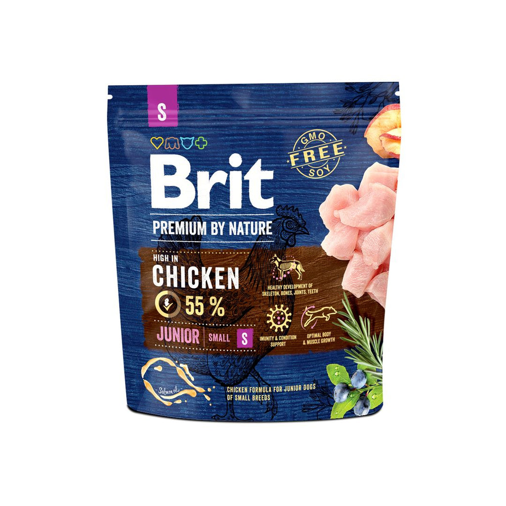 Packshot of Brit premium dog food for junior small dogs 1kg on a white background