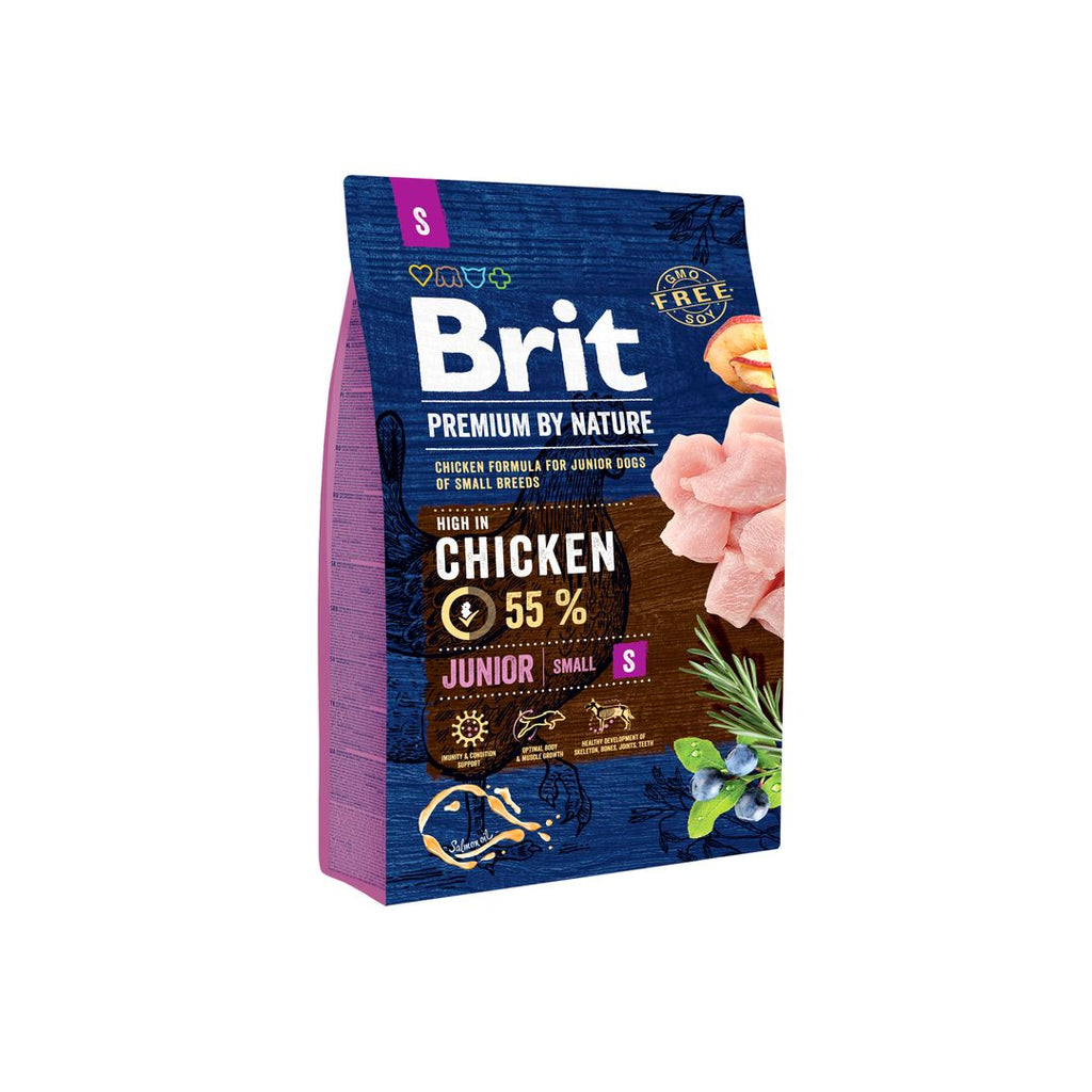 Packshot of Brit premium dog food for junior small dogs 3kg on a white background