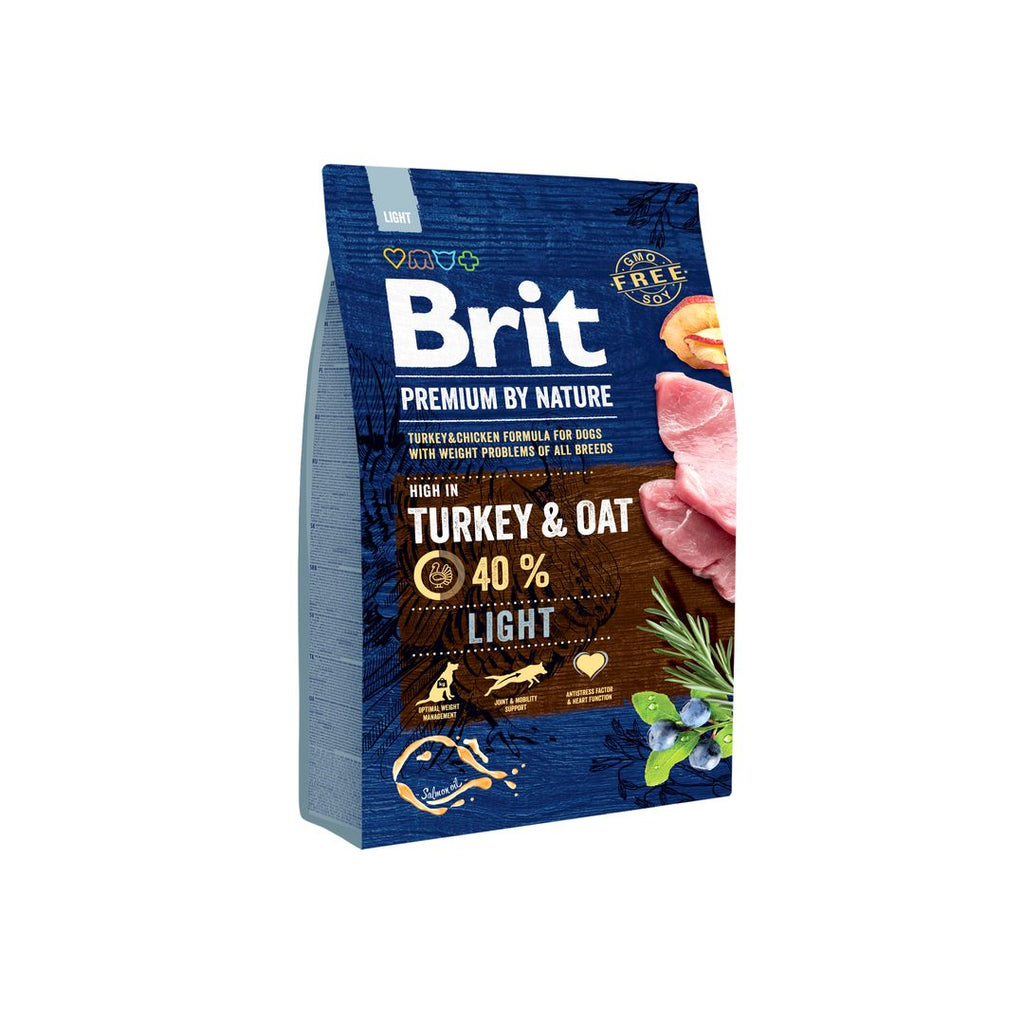 Packshot of 
Brit Premium Dog Dry Food Light 3kg with turkey and oat ingredients on a white background