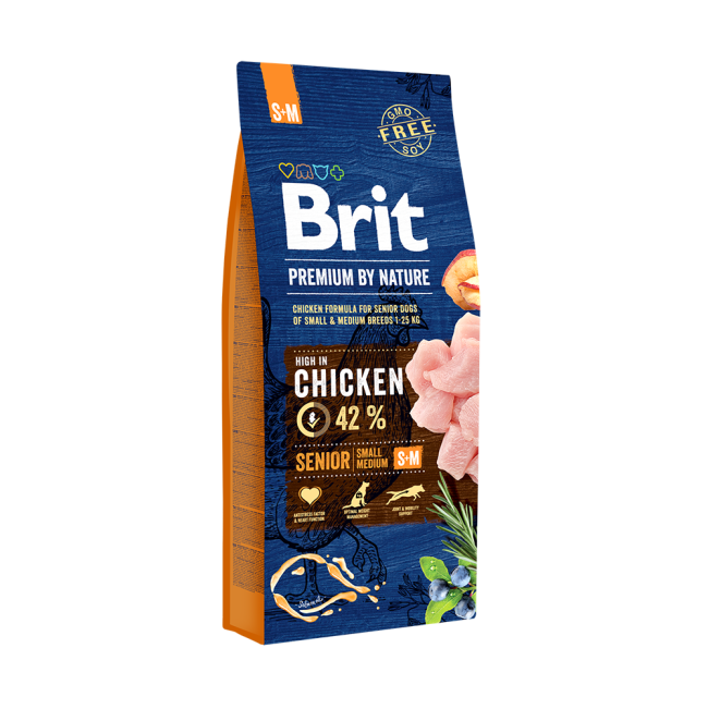 Packshot of Brit Premium Dog Dry Food Senior Small & Medium 15kg ingredients on a white background