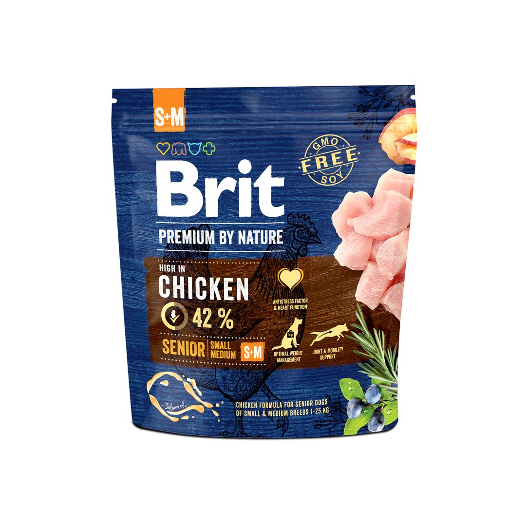 Brit Premium Dog Dry Food Senior Small & Medium 1kg with chicken flavor on a white background