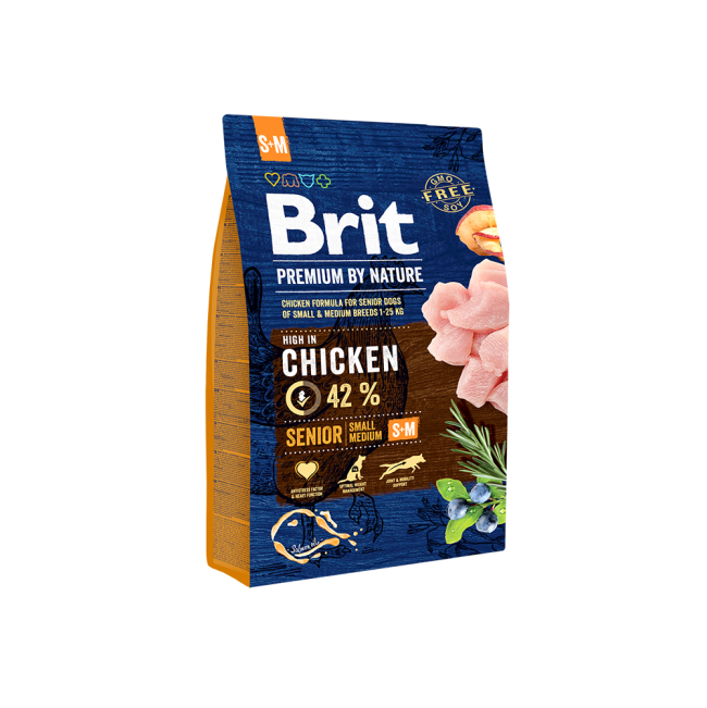 Packshot of Brit Premium Dog Dry Food Senior Small & Medium 3kg with chicken indication on a white background