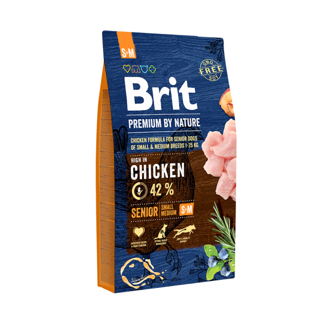 Packshot of Brit Premium Dog Dry Food Senior Small & Medium 8kg with chicken flavor on a white background