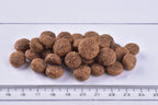 Brit Premium Dog Dry Food Senior Small & Medium kibble on a white surface with a ruler for scale.