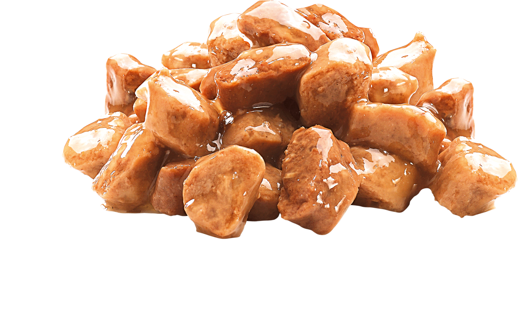 Chunks of Brit Premium Kitten Chicken in Gravy Wet Cat Food pieces on a white background