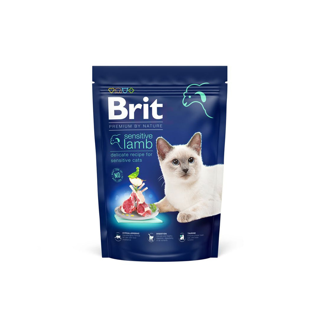 Packshot of Brit Premium Adult Cat Dry Food Sensitive Lamb 800g on white background