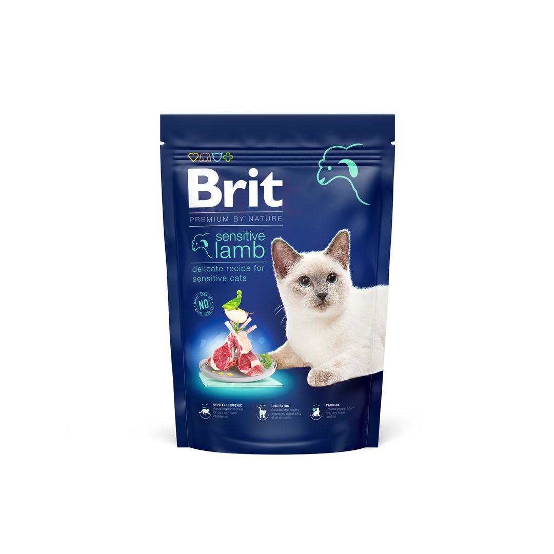 Packshot of Brit Premium Adult Cat Dry Food Sensitive Lamb 800g on white background