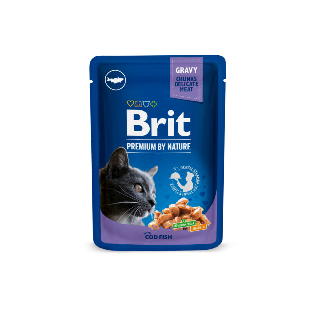 Packshot of Brit Premium Adult Cod Fish in Gravy Wet Cat Food with a blue and purple design on a white background