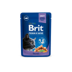 Packshot of Brit Premium Adult Cod Fish in Gravy Wet Cat Food with a blue and purple design on a white background