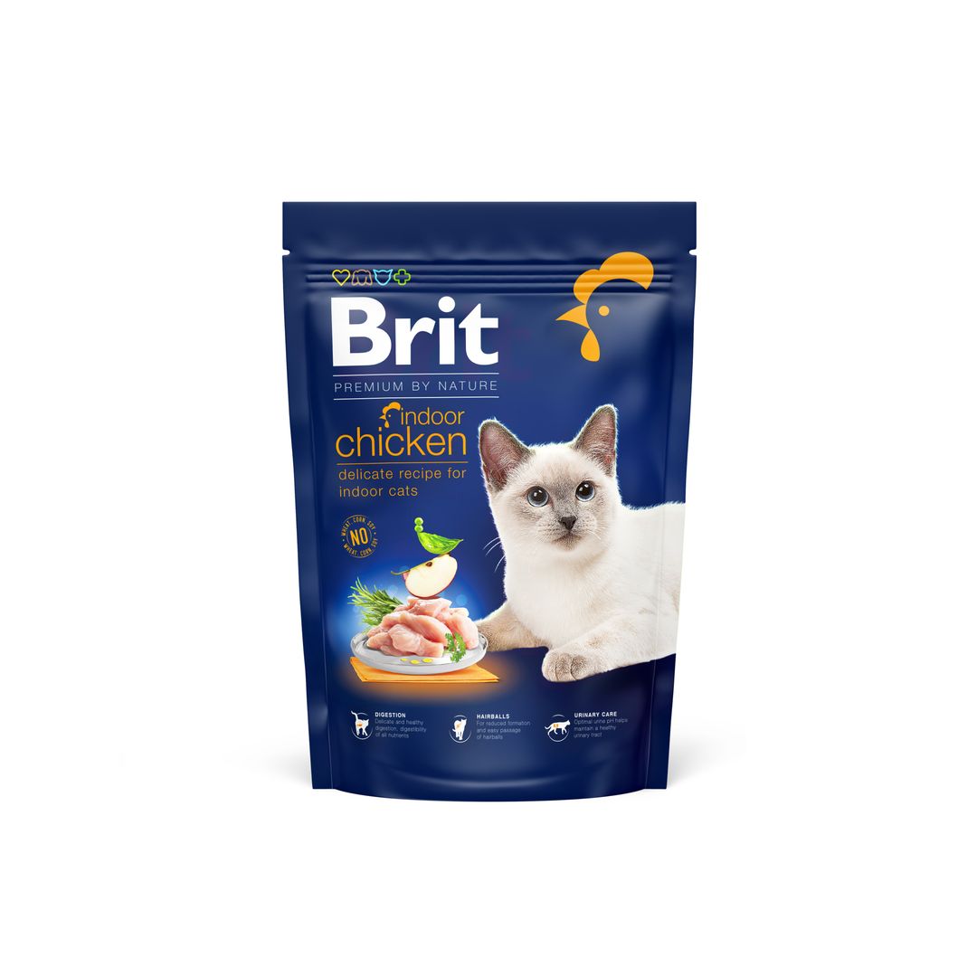 packshot of Brit Premium Adult Indoor Cat Dry Food Chicken 800g on white background