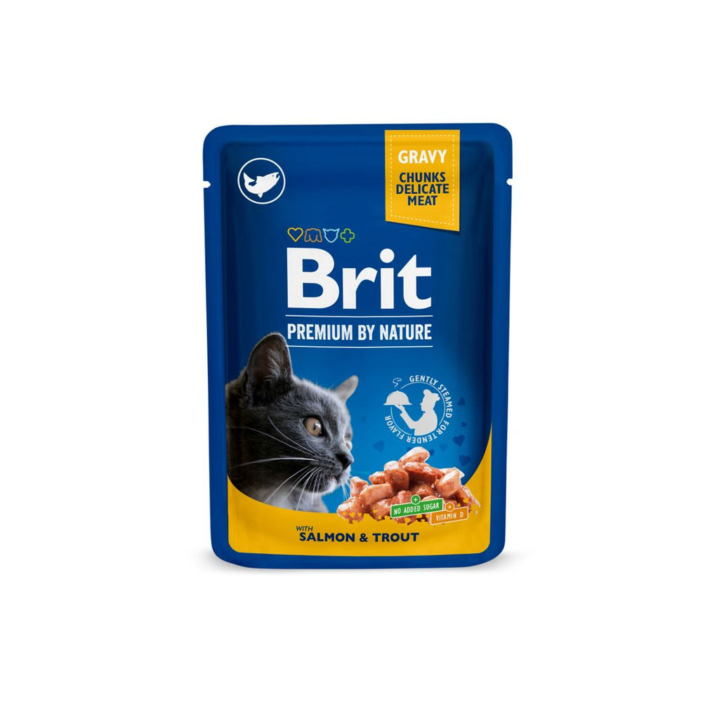 Packshot of Brit Premium Adult Salmon & Trout in Gravy Wet Cat Food with blue and yellow design on a white background