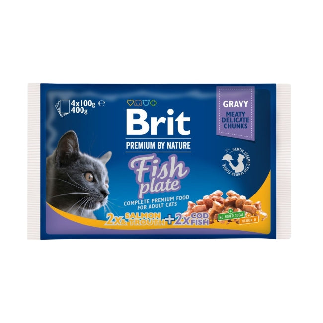 Packshot of Brit Premium Cat Pouch Fish Plate with a blue background