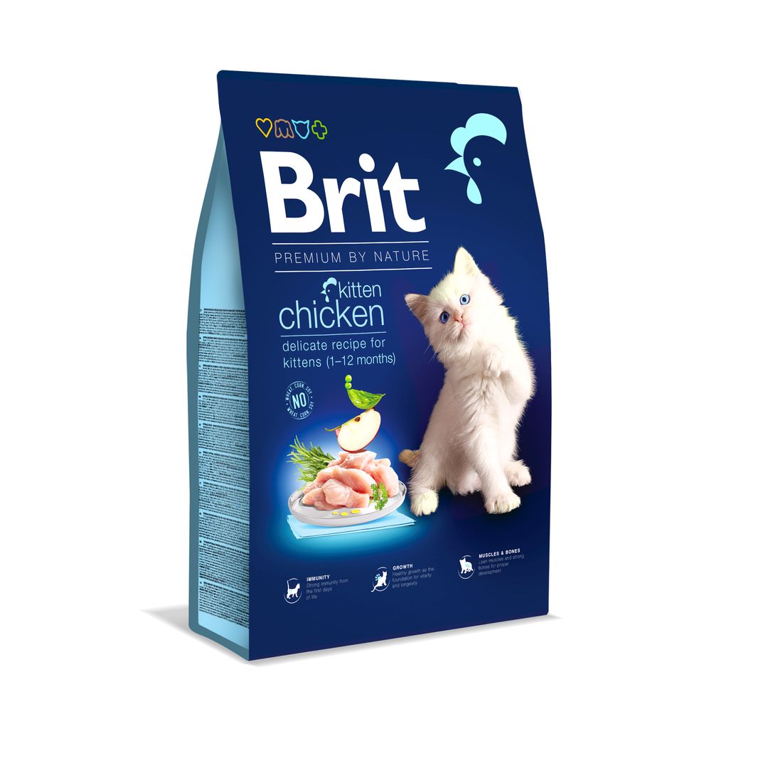 Brit kitten chicken cat food packaging on a white background