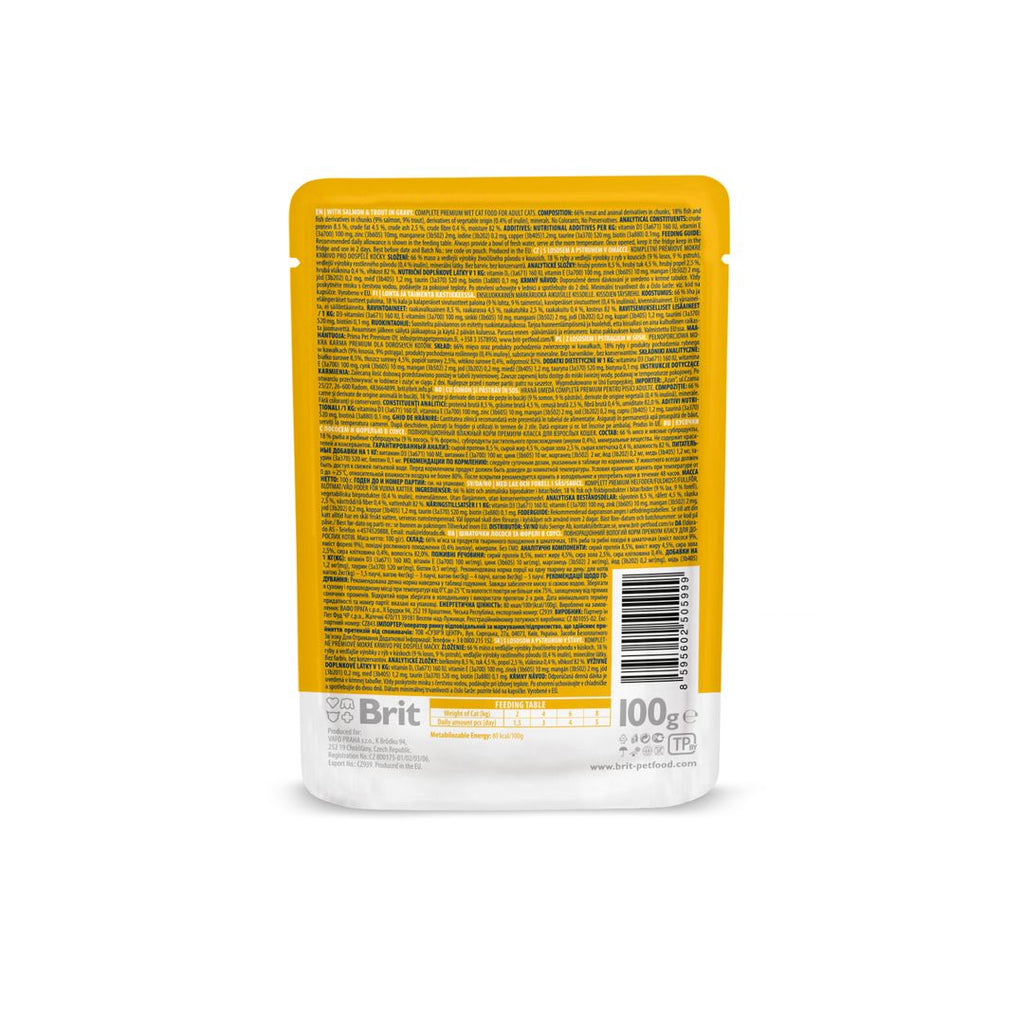 Packshot of back of Brit Premium Adult Salmon & Trout in Gravy Wet Cat Food with text and a barcode on a white background