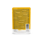 Packshot of back of Brit Premium Adult Salmon & Trout in Gravy Wet Cat Food with text and a barcode on a white background