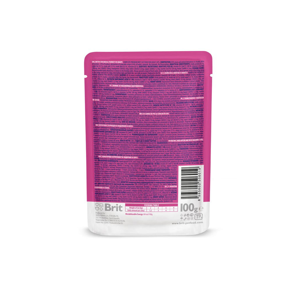 Packshot of back of pouch  of Brit Premium Adult Chicken & Turkey in Gravy Wet Cat Food with text and a barcode on a white background