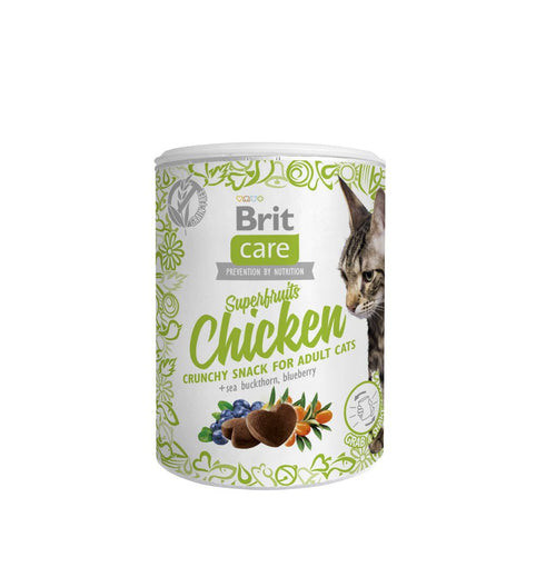 Brit Care Superfruits Chicken crunchy snack for adult cats on a white background
