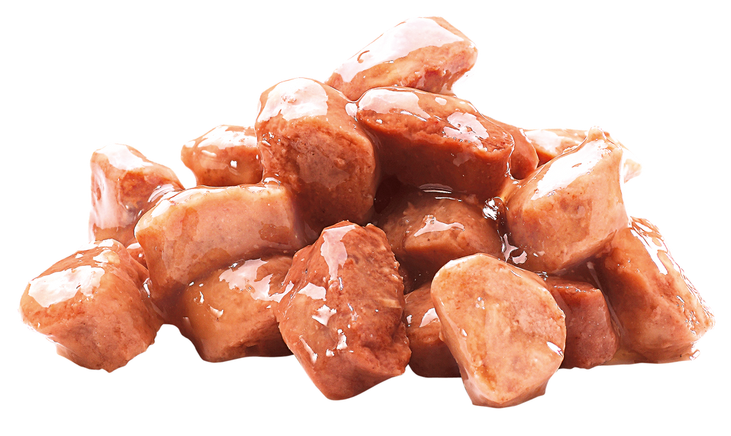 chunks of Brit Premium Adult Salmon & Trout in Gravy Wet Cat Food on a white background