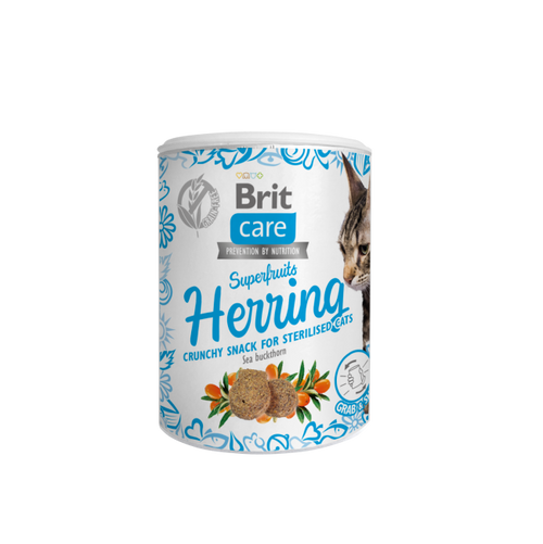 Brit Care Superfruits Herring crunchy snack for sterilised cats on a white background
